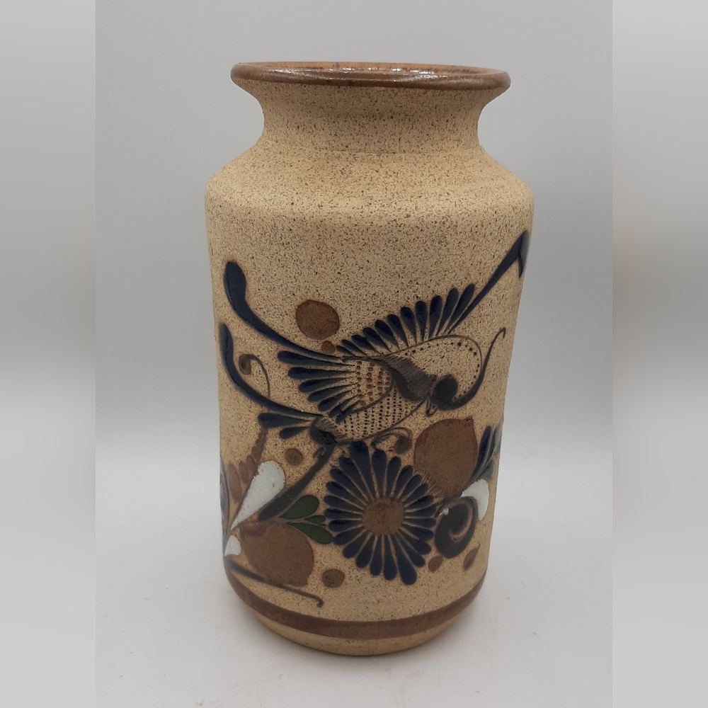Vintage Folk Art Tonala Sandstone Pottery Mexican Vase with Bird & Floral Design